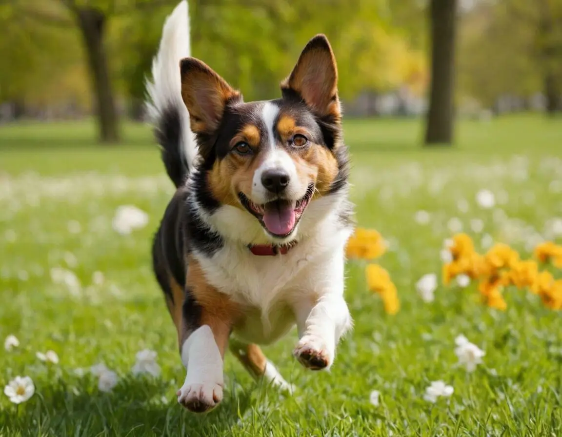 Cachorro correndo na Primavera