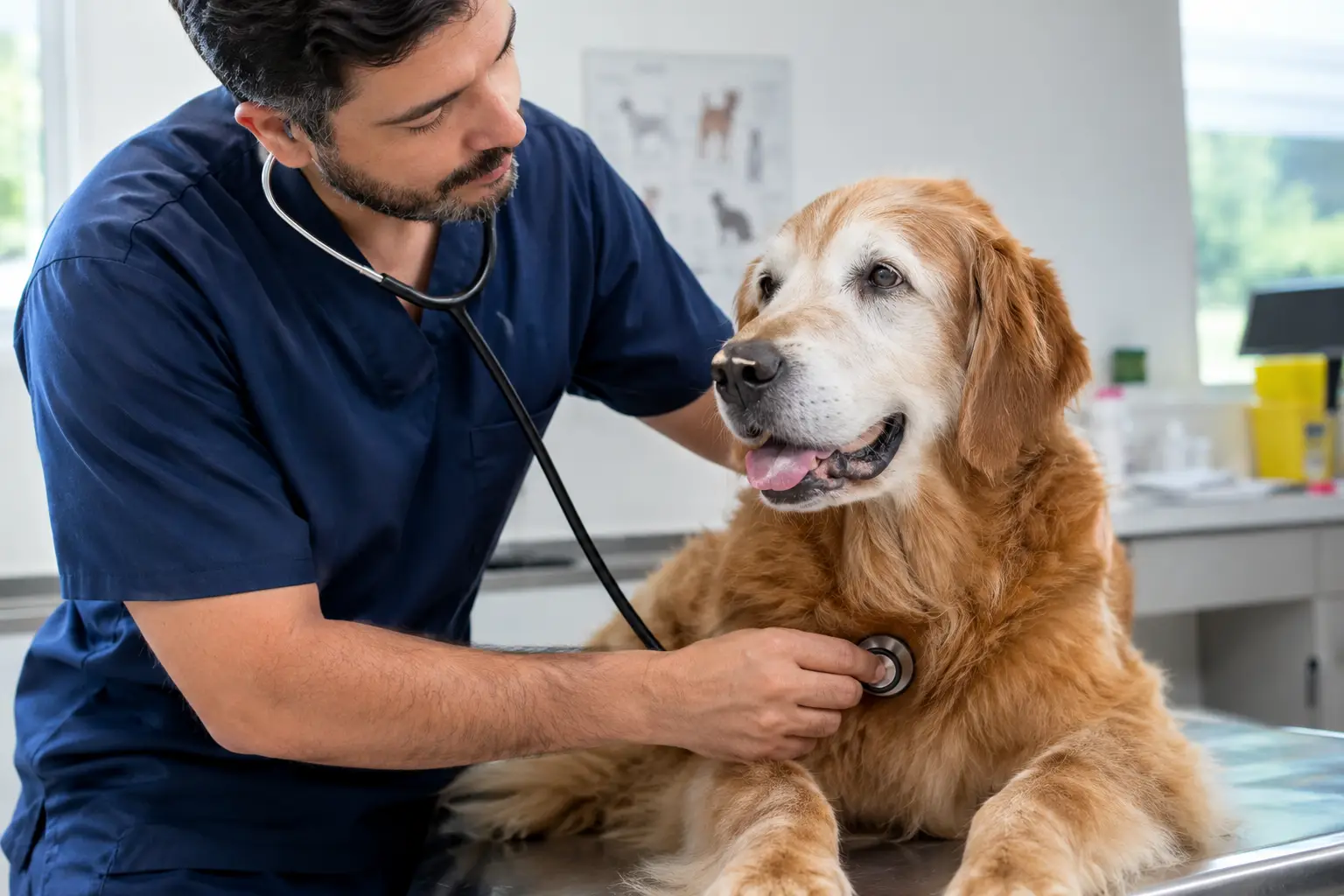 Veterinário auscultando o coração de um cachorro idoso durante consulta