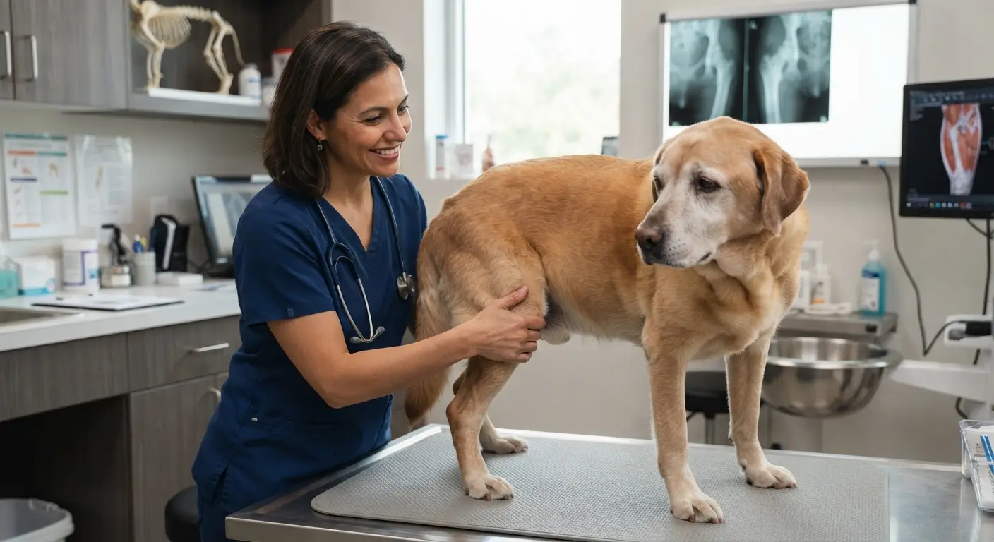 Veterinário avaliando a articulação do joelho de um cachorro durante exame ortopédico