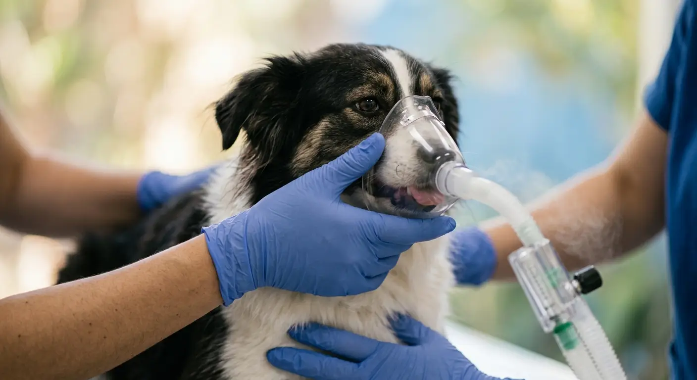 Mãos de veterinário utilizando luvas e adaptando máscara de oxigênio em cachorro com dificuldade respiratória. Por que utilizar: É acessível para leitores de tela e de