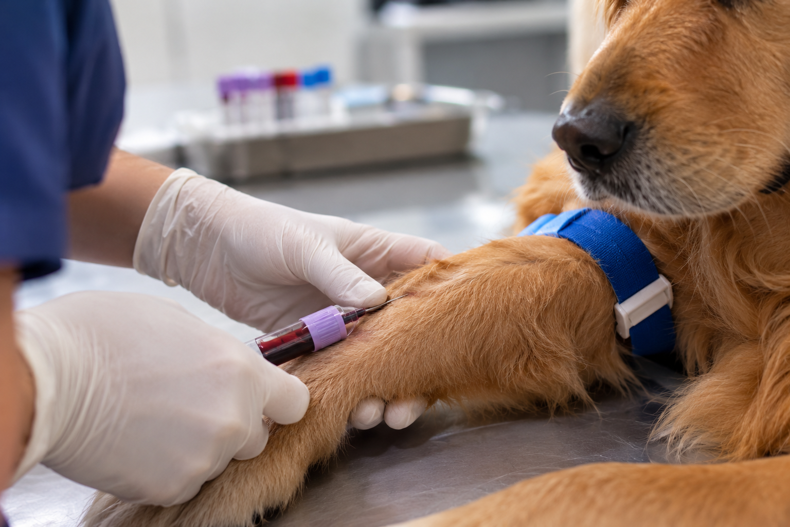 Veterinário colhendo amostra de sangue de um cachorro para exame hormonal
