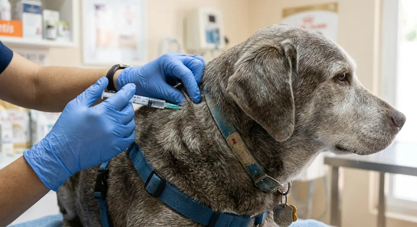 Veterinário aplicando injeção subcutânea em um cachorro idoso calmo durante consulta